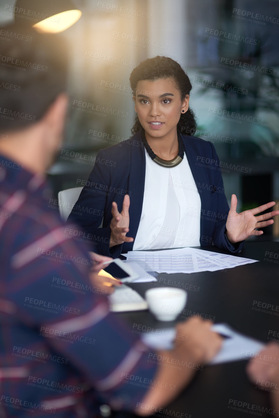 Buy stock photo Shot of a young professional leading her team through an idea while sitting at a table in an office