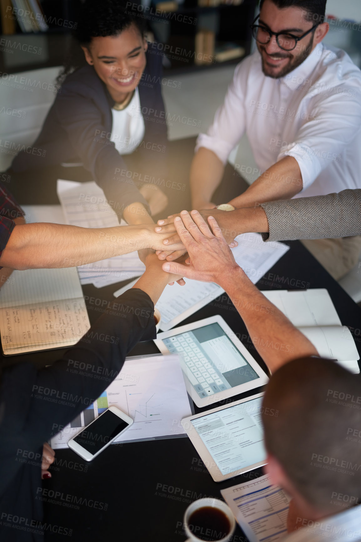 Buy stock photo Teamwork, business people and hands together in office for corporate project, trust and motivation in boardroom. Group of employees, collaboration or tech for team building for support or mission