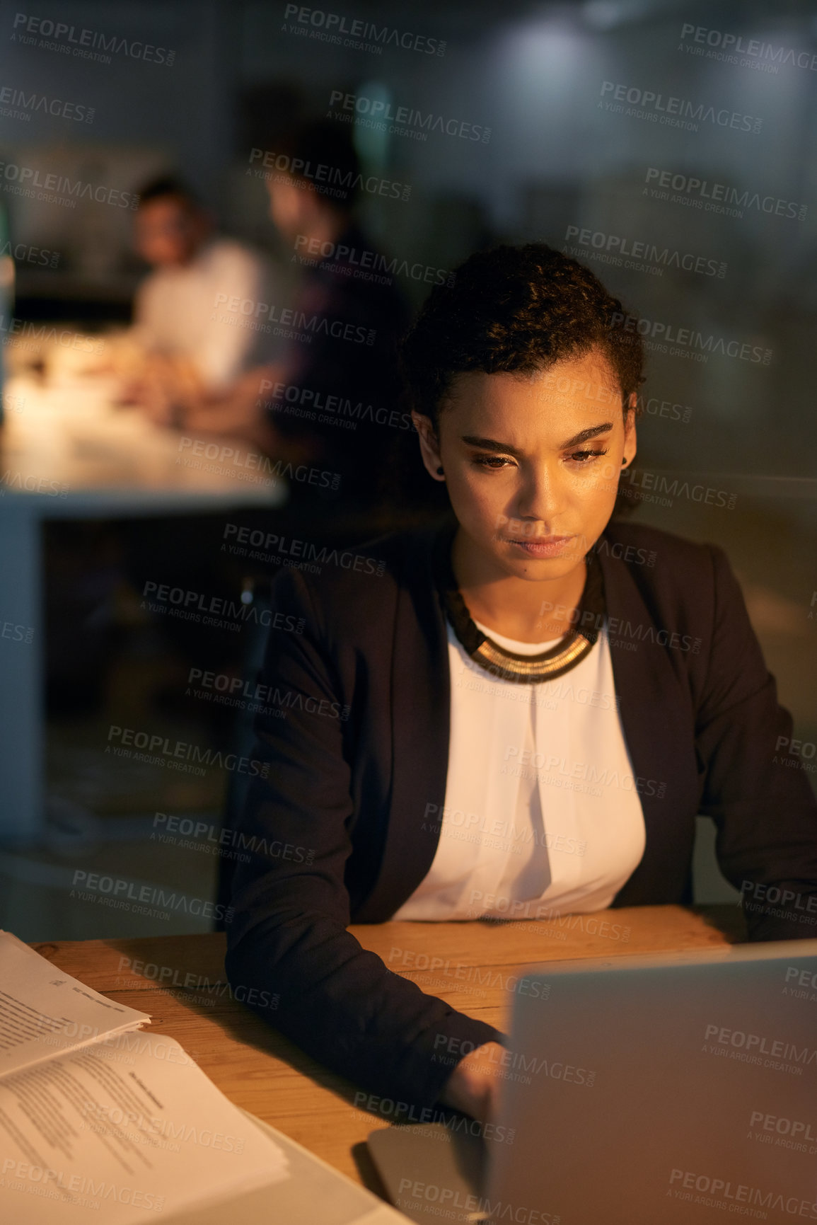 Buy stock photo Night, laptop and business woman at desk for project deadline, review or update records. Late, professional and female employee with paperwork for overtime, commitment or data entry clerk in office