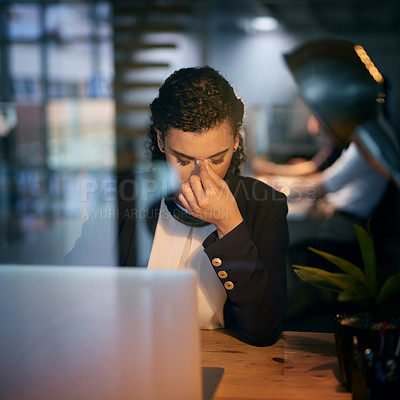 Buy stock photo Stress, headache and burnout with a woman programmer working on a laptop in her office for design. Tired, 404 and deadline with a female employee working on system code for software development