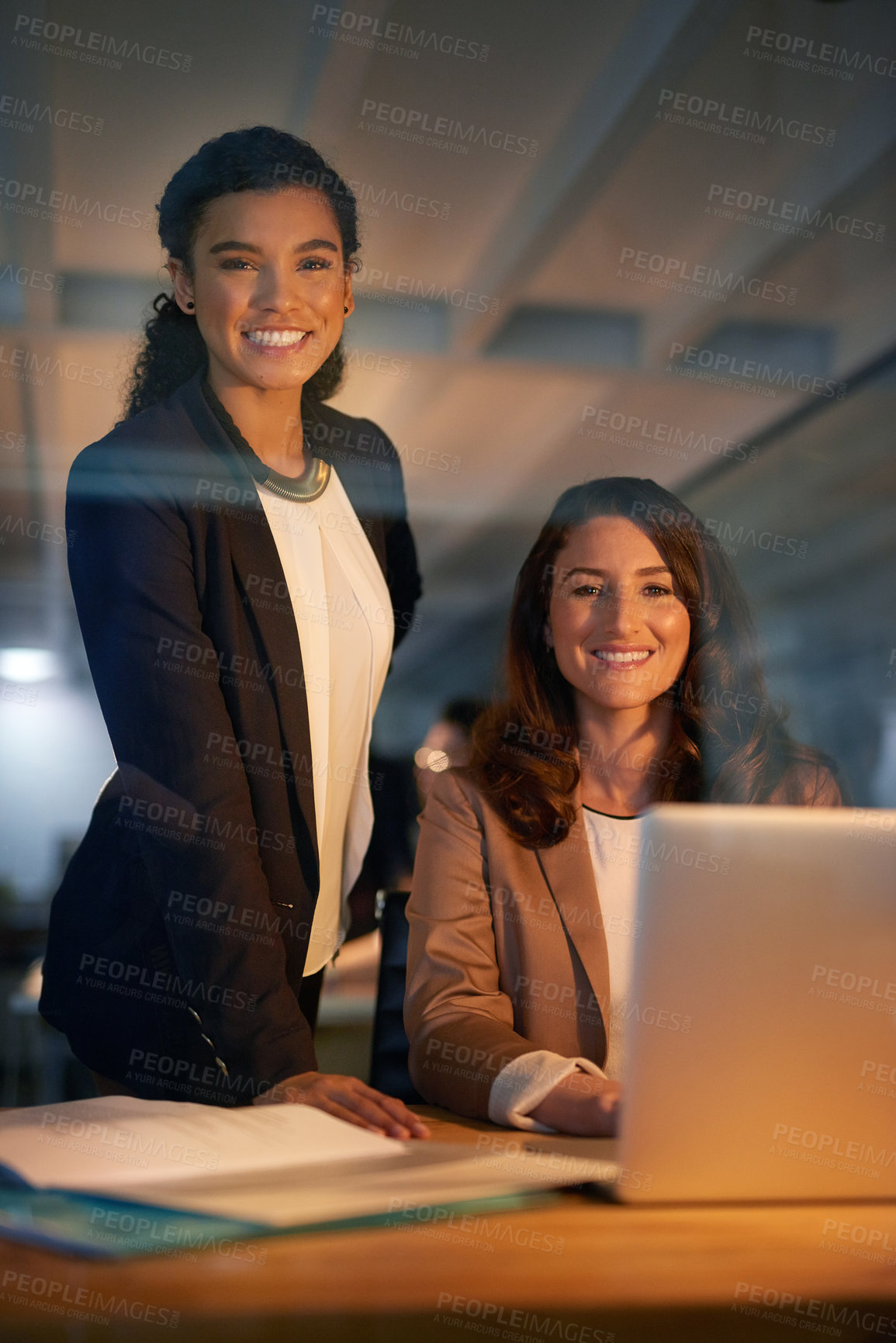 Buy stock photo Research, portrait and women in night, laptop and overtime for project of web designer and smile. Startup, collaboration and employees in creativity, happy and together in business and plan in office