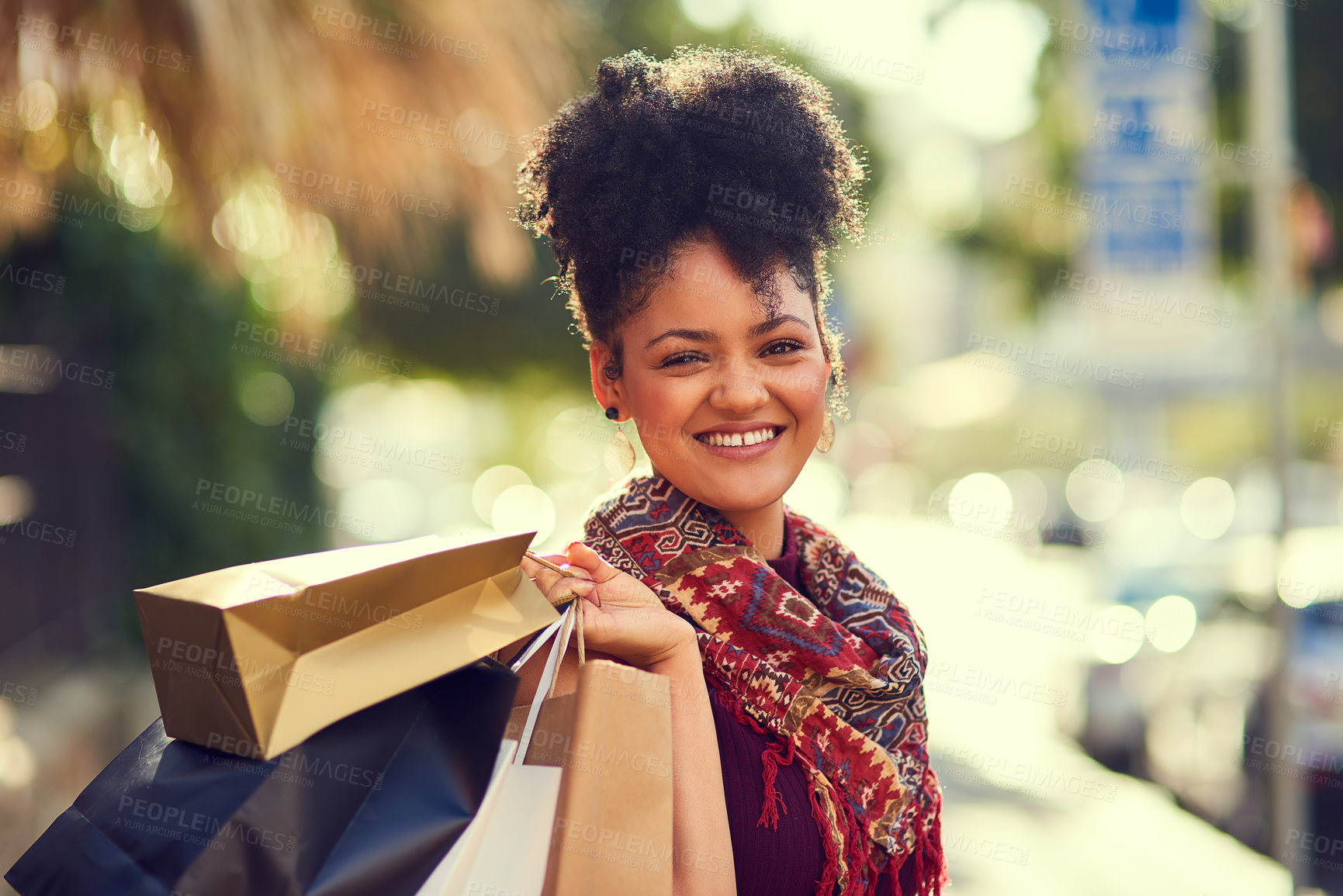 Buy stock photo Woman, smile and city with shopping bag for discount, sale and bargain in portrait, travel and fashion. Face of young, trendy and African person or shopper with outdoor style and clothes for retail