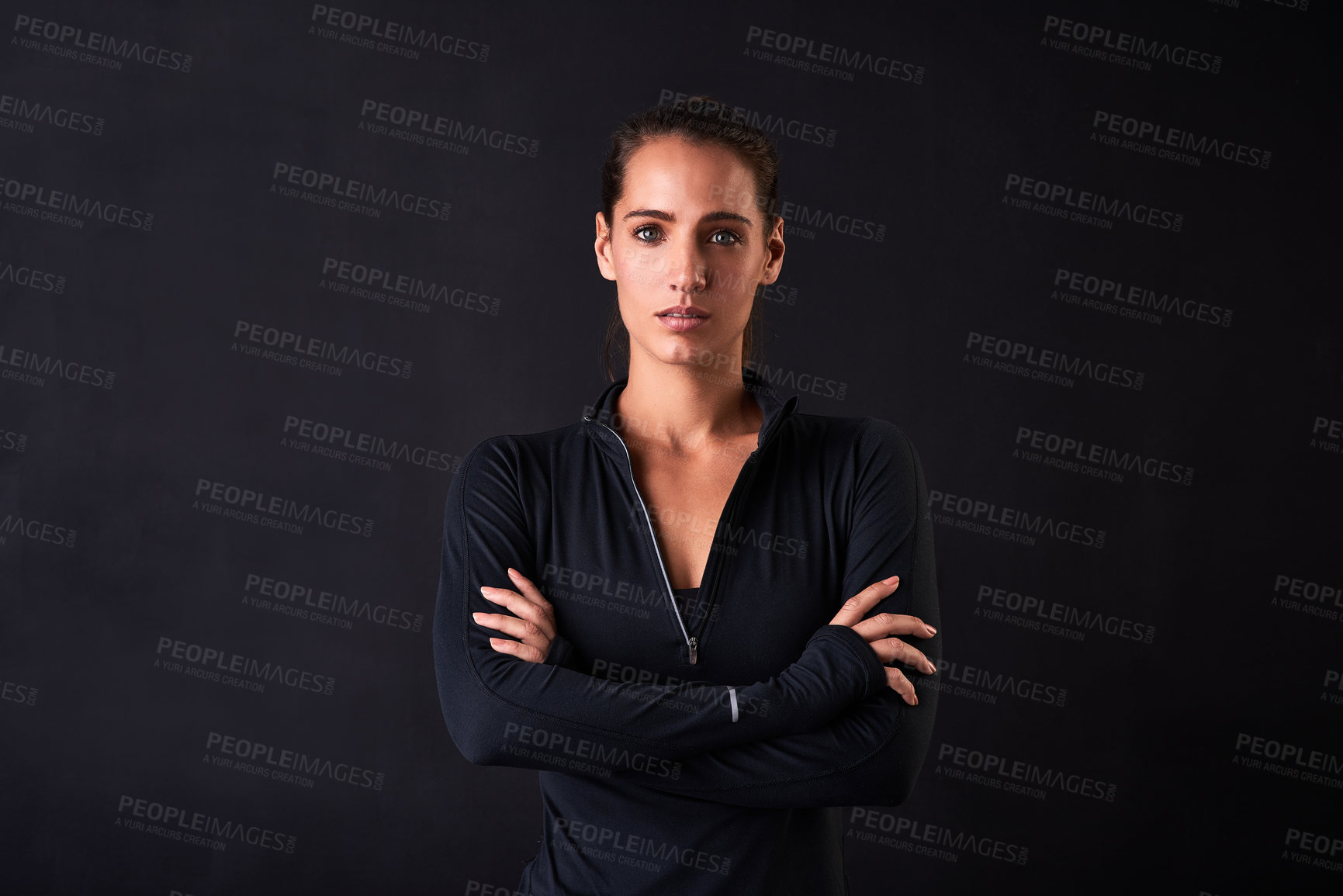 Buy stock photo Woman, portrait and crossed arms in studio for fitness, health and workout on black background. Female athlete, face and confidence for crossfit, wellness or performance training at sport competition