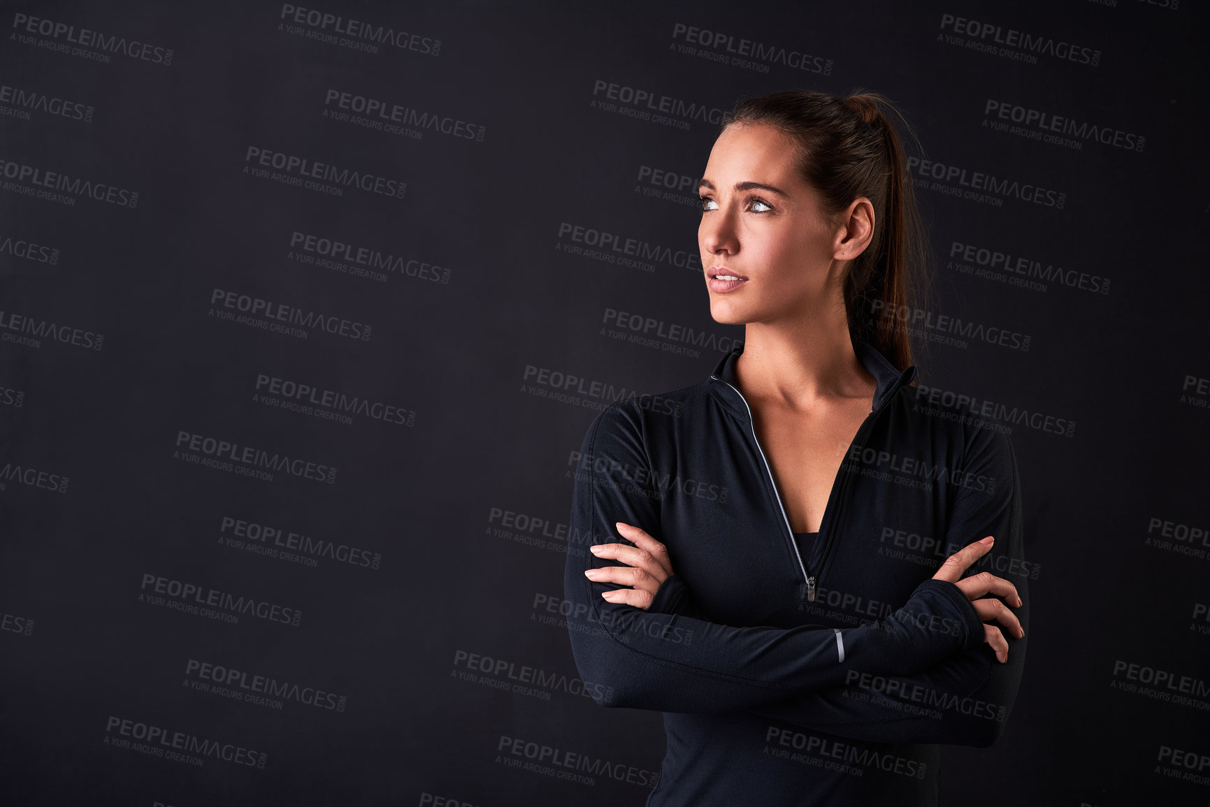 Buy stock photo Woman, wellness and confident in studio for fitness, health and workout on black background. Female athlete, mindset and crossed arms for commitment, exercise and sports training in competition