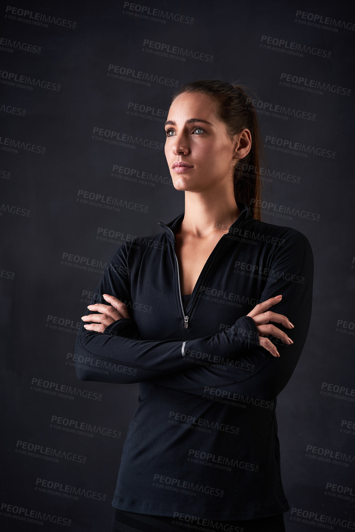 Buy stock photo Girl, serious and confident in studio for fitness, health and workout on black background with vision. Woman, mindset and crossed arms for crossfit, exercise and performance training with motivation