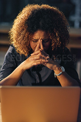 Buy stock photo Stress, black businesswoman and working late night on laptop for work deadline with problem. Office, corporate and content writer with blogging, mental health issues and worry for time in career.