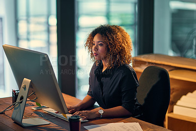 Buy stock photo Business, woman and computer with research at night for corporate deadline, project planning or typing email. Professional, employee or technology in office for communication or online search at desk