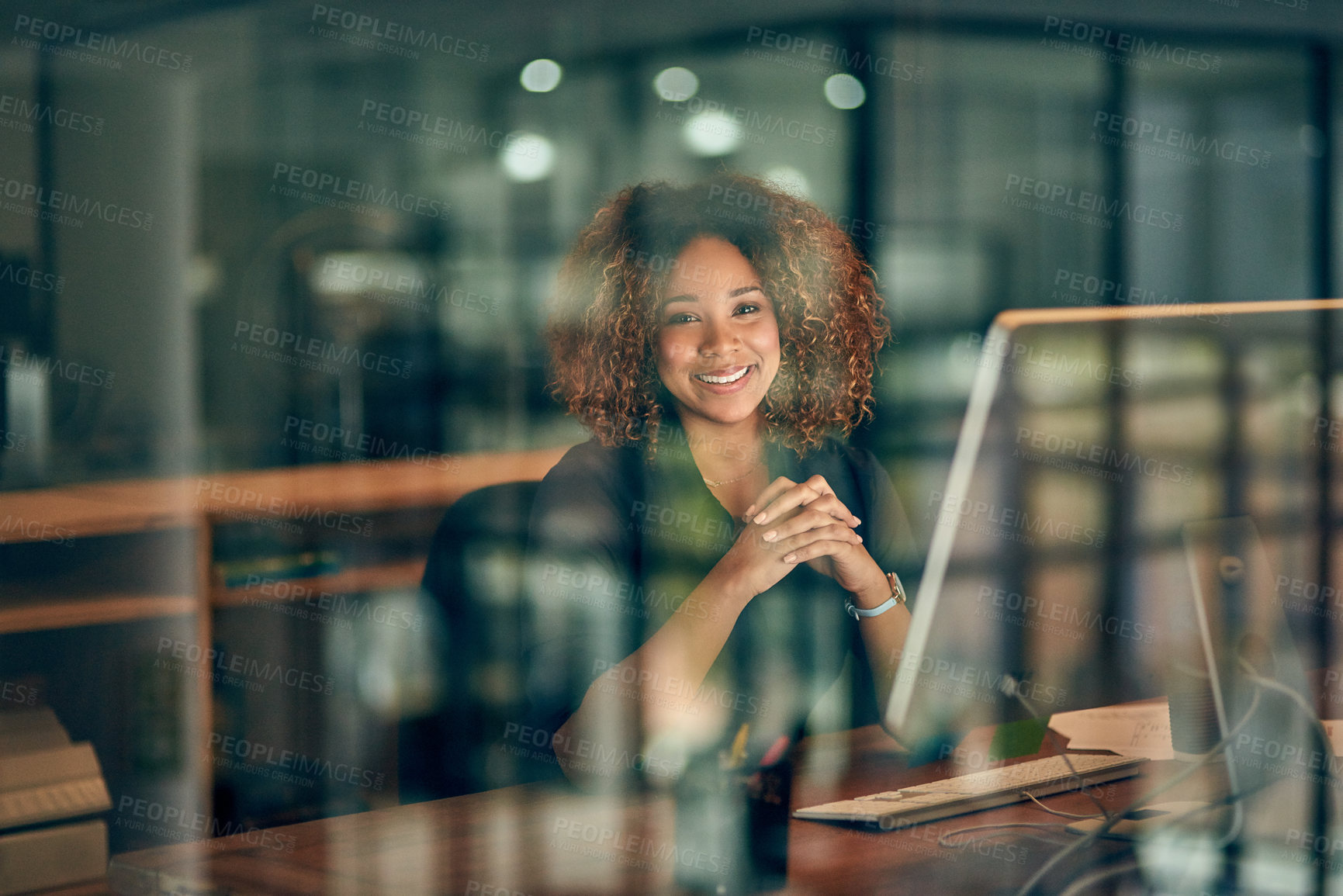Buy stock photo Happy, business woman and portrait in night, computer and working late, technology and auditor. Corporate, professional and African female person, smile and employee or staff, company and office