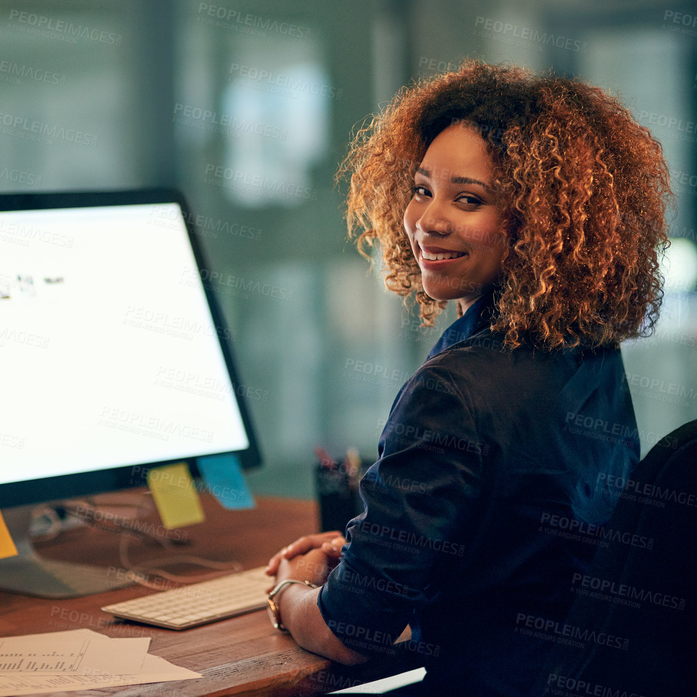 Buy stock photo Happy, black woman and portrait in night, computer and working late, technology and auditor. Corporate, professional and African female person, smile and employee or staff, company and office