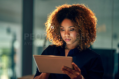 Buy stock photo Business, woman and tablet with reading of research at night for creative deadline and project planning. Professional, employee and technology in office for software test management and efficiency