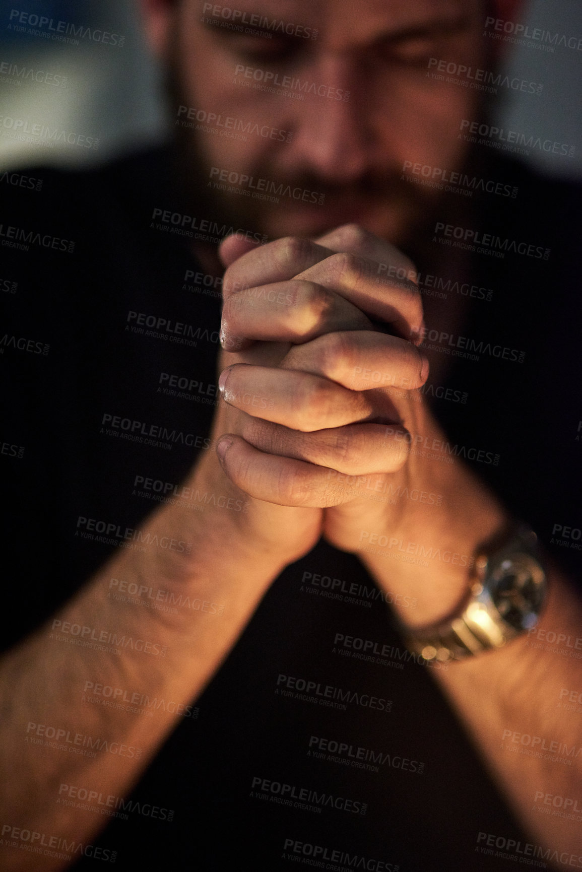 Buy stock photo Closeup, prayer and man with hands together, faith and religion with guidance, peace and trust. Person, believe and Christian with worship, spiritual and hope with gratitude, kindness and commitment