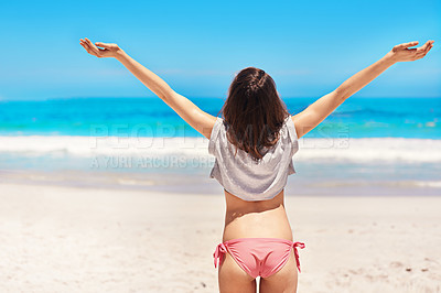 Buy stock photo Rearview shot of a sexy young woman standing with her arms outstretched on the beach