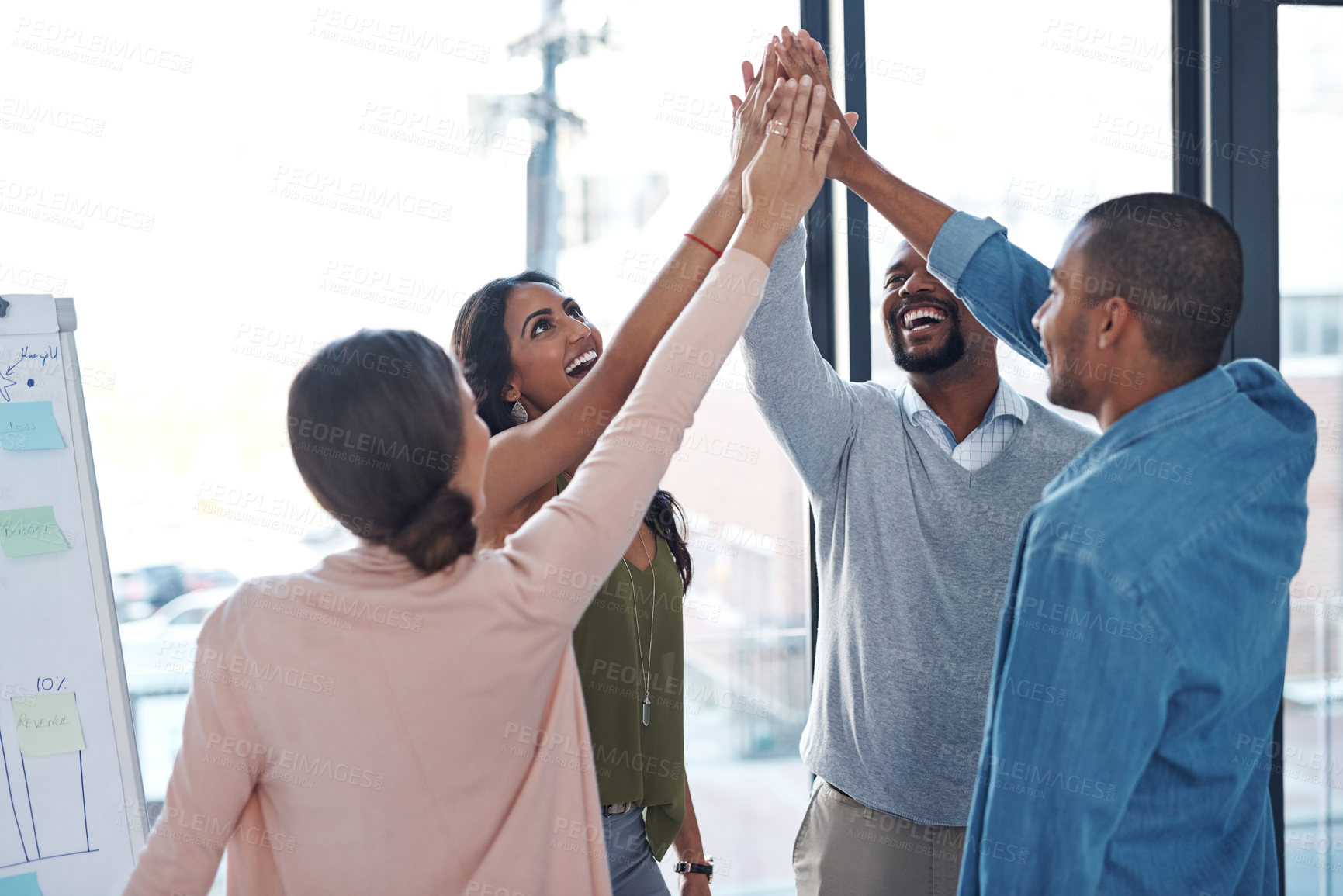 Buy stock photo Business, people and happiness with high five at office for teamwork, collaboration and ideas. Boardroom, employees and synergy with smile for brainstorming, strategy and planning with huddle