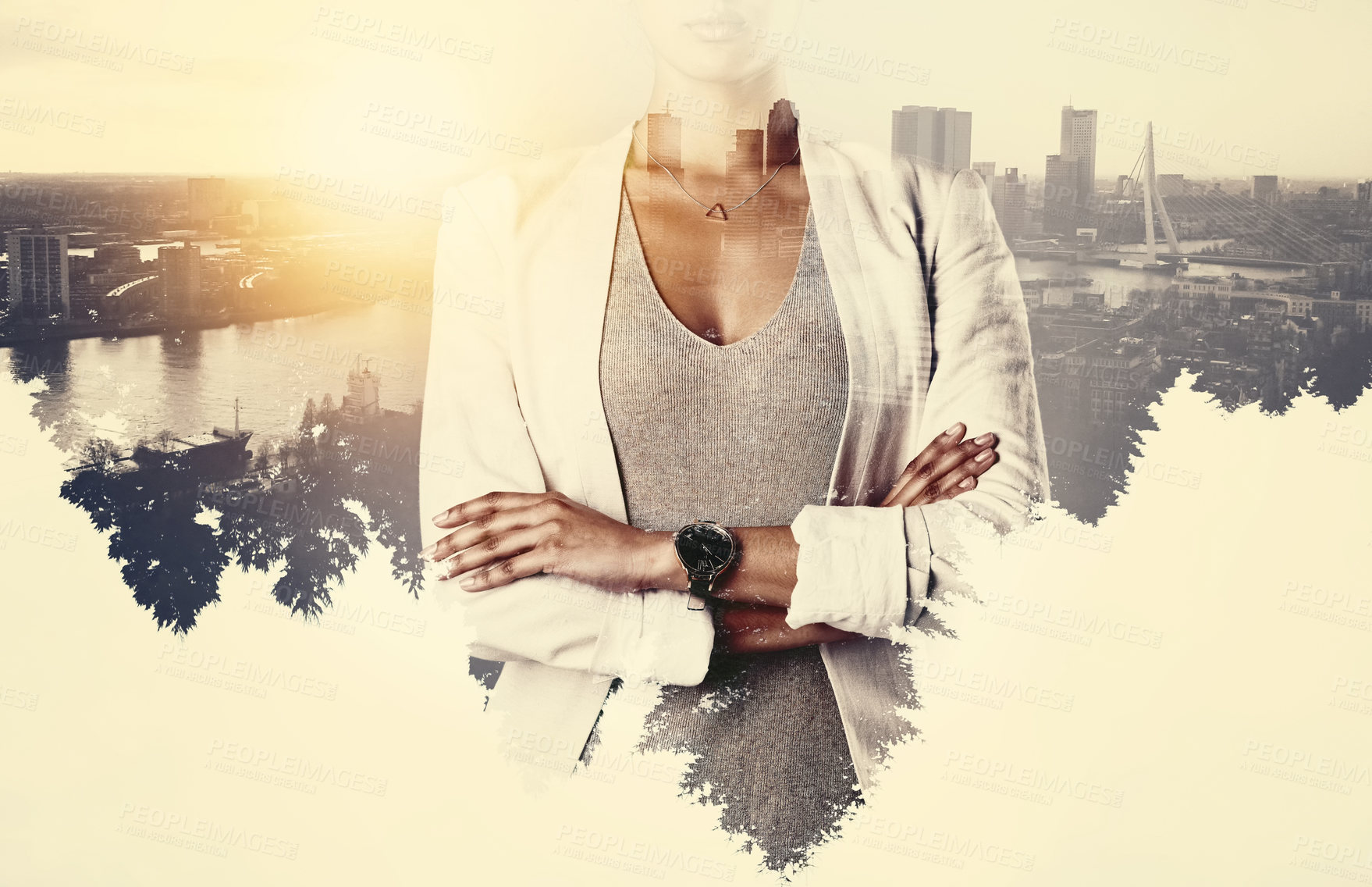 Buy stock photo Arms crossed, city and double exposure with business woman on reflection for career in property development. Corporate, office and real estate with confident employee in urban town for infrastructure