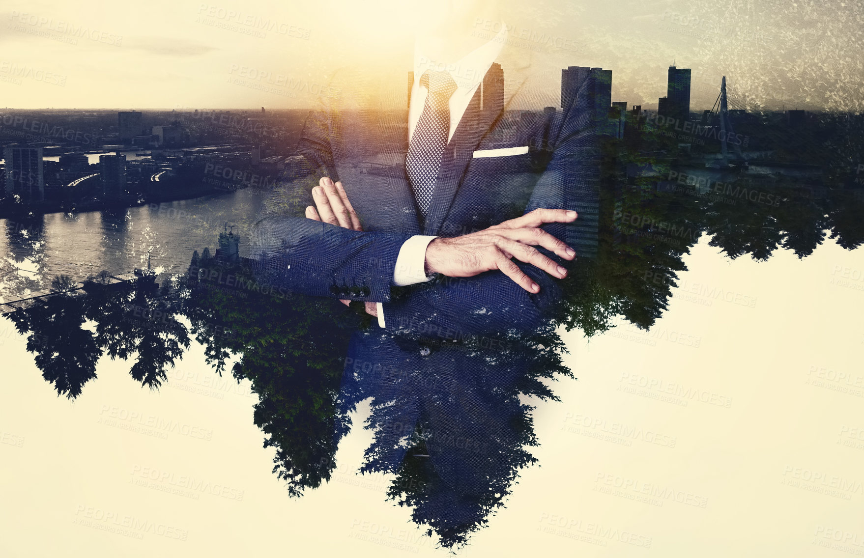 Buy stock photo Business, man and arms crossed with city in double exposure for capital investment or economic asset. Professional, employer or private investor with confidence for infrastructure project development