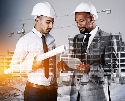 Buy stock photo Shot of two handsome businessmen superimposed over a construction site