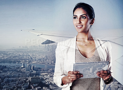 Buy stock photo Shot of an attractive young businesswoman superimposed over a plane flying overseas