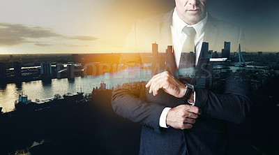 Buy stock photo Shot of an unrecognizable businessman superimposed over a cityscape