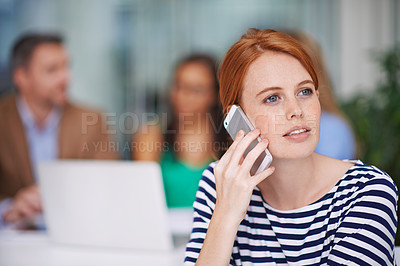 Buy stock photo Business, phone call and woman at meeting in office for networking, negotiation or conversation. Communication, businesswoman or advisor on smartphone for consulting, connection or agenda at startup