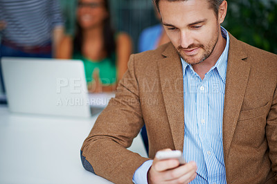 Buy stock photo Office, business and man checking phone for networking, email or scroll on social media. Communication, tech startup and businessman on smartphone for consulting, connection or online chat in meeting