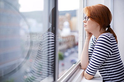 Buy stock photo Thinking, window and business woman with idea, brainstorming project and planning in office. Corporate worker, professional workplace and thoughtful person for vision, problem solving and solution