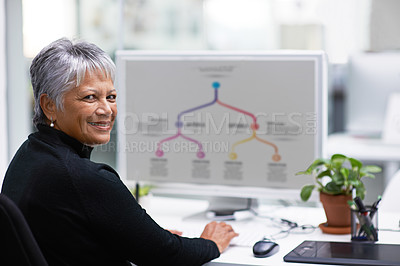 Buy stock photo Portrait of a happy mature businesswoman using her computer in the office
