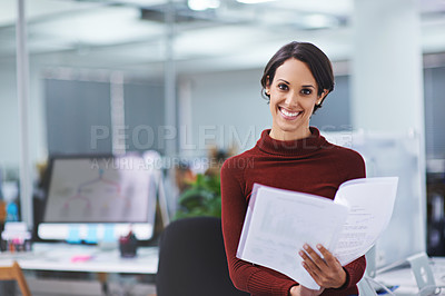 Buy stock photo Woman, office and paperwork with smile in confidence for business or worker contract at work as hr manager. Portrait, female person and document in happiness with folder for  company policy and law.