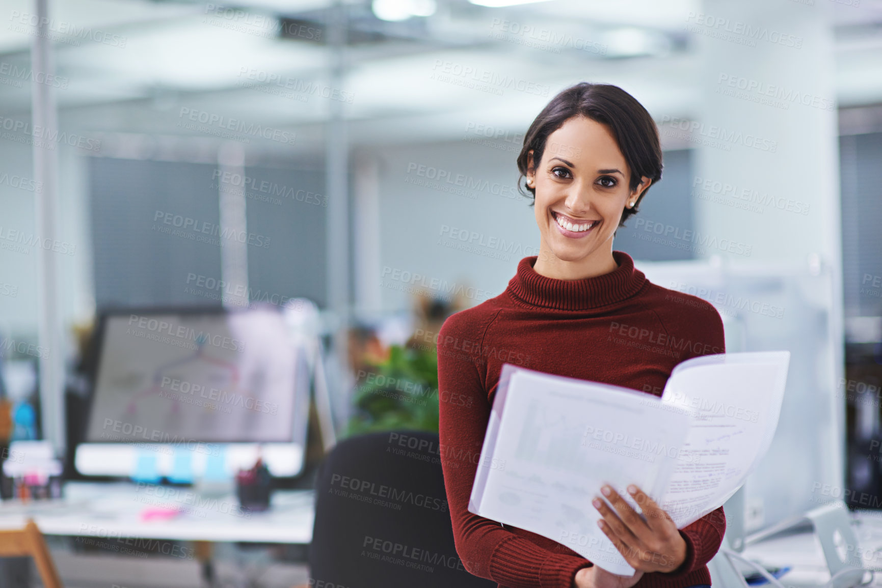 Buy stock photo Woman, office and paperwork with smile in confidence for business or worker contract at work as hr manager. Portrait, female person and document in happiness with folder for  company policy and law.
