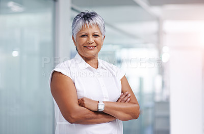 Buy stock photo Business woman, senior and smile with arms crossed in portrait at office, confidence and pride in career. Boss, executive or CEO of sales company, happy expert or entrepreneur with ambition and power