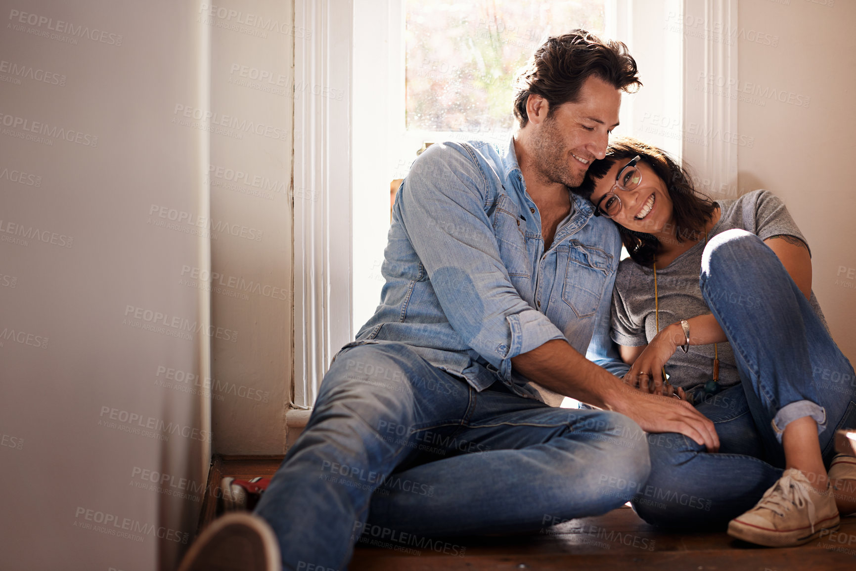 Buy stock photo Floor, relax or happy couple laughing in home living room in conversation and speaking together. Man, funny woman or romantic people in apartment or house talking with love, support or joke humor