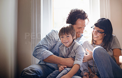 Buy stock photo Portrait, laughing or family with child in home, house or apartment for support, care or love. Happy boy, funny mom or dad with kid or hug on holiday vacation, joke humor or relax together in England