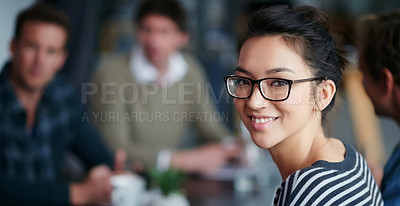 Buy stock photo Woman leader, portrait and startup team in blurred background, meeting and smile with confidence. Young businesswoman, leadership and happy with group, workplace or creativity in collaboration at job