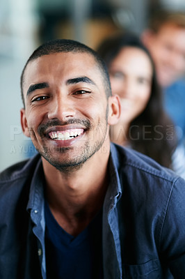 Buy stock photo Portrait, creative and man with smile, office and meeting with colleagues, copywriting and teamwork for project. Happy, employee and editor in agency, working and  coworkers for collaboration in deal