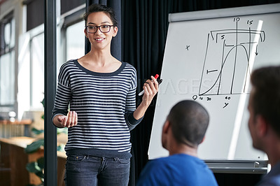 Buy stock photo Woman, presentation and graphs with drawing on whiteboard for meeting, staff training or coaching at office. Creative female person talking to team with chart for mathematics or startup at workplace