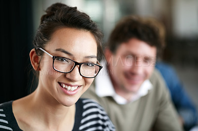 Buy stock photo Boardroom, employee and woman in meeting, portrait and leader of discussion, creative and collaboration. Business, teamwork and people in office, smile and brainstorming for project as editor