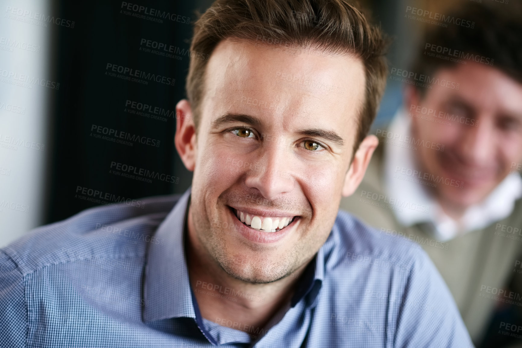 Buy stock photo Business, portrait and man with smile in office, meeting and creative in public relations and editor. Confident, employee and coworking with person, writer and collaboration for project and deal