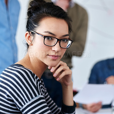 Buy stock photo Woman, portrait and meeting at startup for ideas, creative brainstorming with teamwork or workshop. Planning, vision and design project pitch with collaboration at digital agency or media company