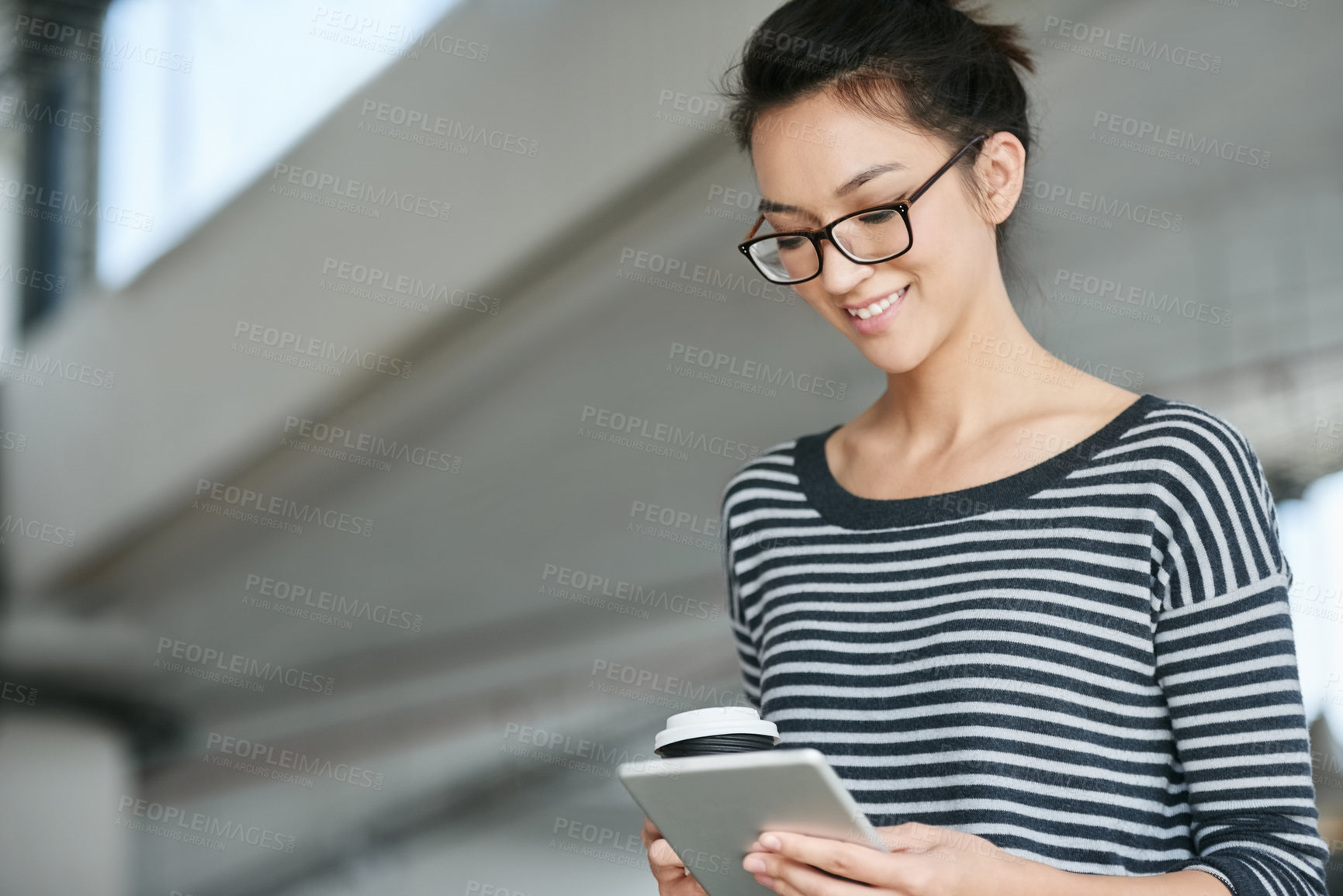 Buy stock photo Tablet, search and business woman in office building with social media, scroll or web communication. Digital, planning and female entrepreneur with online, research or b2b networking on coffee break