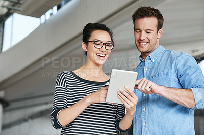 Buy stock photo Happy people, creative and browsing with tablet for research, social media or communication at office. Man and woman with smile on technology or scrolling for online search or startup at workplace