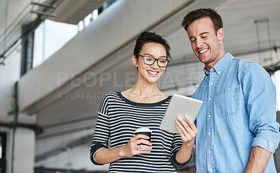 Buy stock photo Happy people, creative and browsing with tablet for social media, research or communication at office. Man and woman with smile on technology or scrolling for online search or startup at workplace