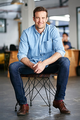 Buy stock photo Happy, confidence and portrait of a man in a office sitting on a chair with success, vision and ambition. Happiness, smile and professional male entrepreneur with startup business in modern workplace
