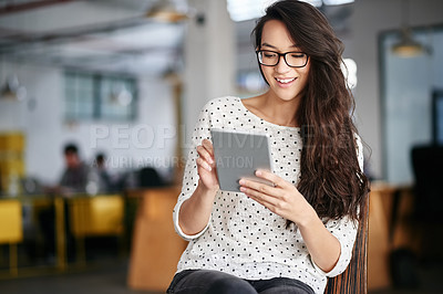 Buy stock photo Woman, office and chair with smile on tablet for break on internet or online for research as graphic designer. Employee, happy and browse website for projects, creativity or ideas for design agency