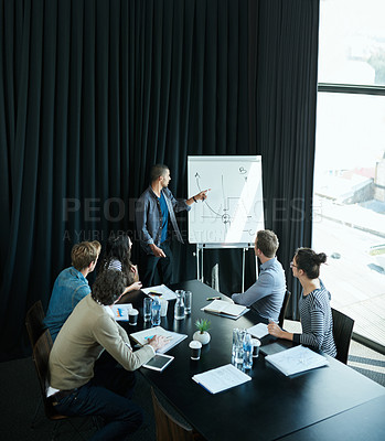 Buy stock photo Man, presentation and coworkers in office for meeting, business planning and white board demonstration. Presenter, company and goals or idea with strategy, collaboration with professional for project