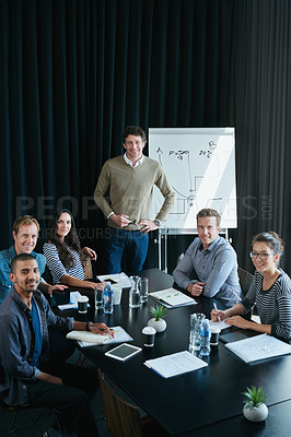 Buy stock photo Portrait, team and happy business people in presentation meeting for coworking, about us or collaboration in startup. Face, group or creative workers together for writing notes with financial advisor
