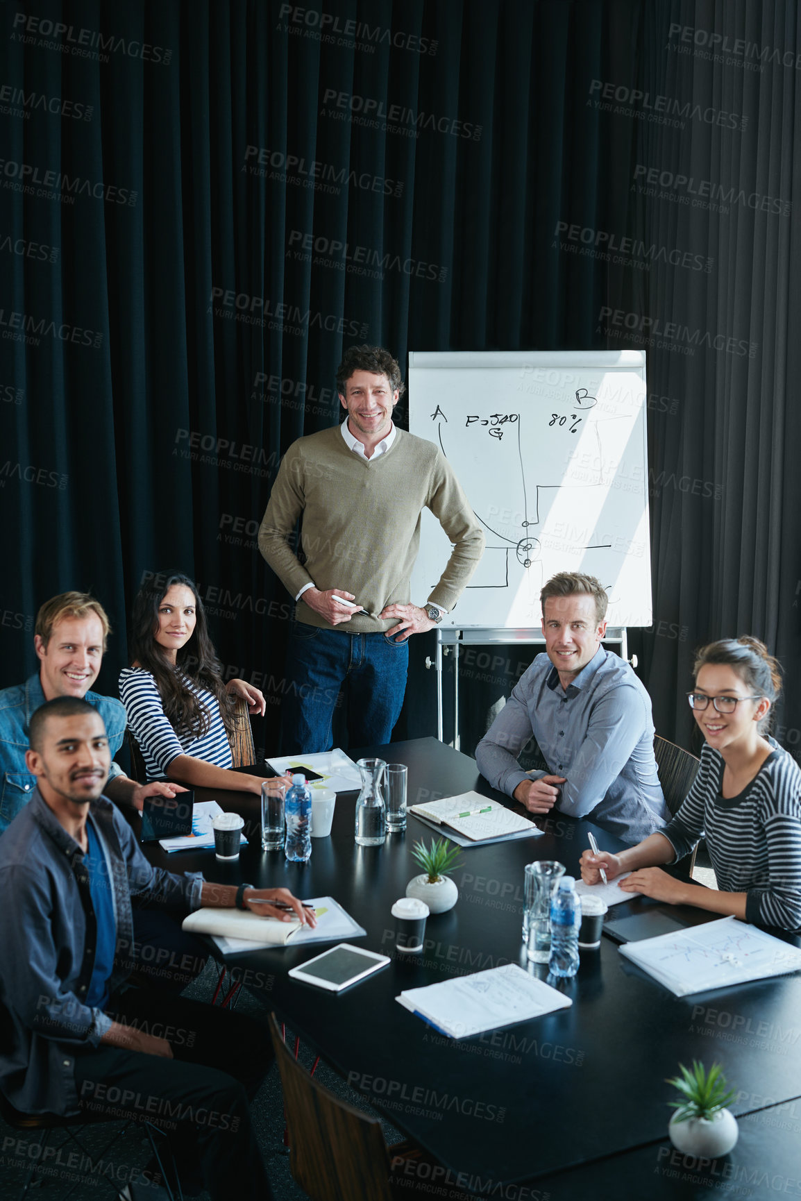 Buy stock photo Portrait, team and happy business people in presentation meeting for coworking, about us or collaboration in startup. Face, group or creative workers together for writing notes with financial advisor