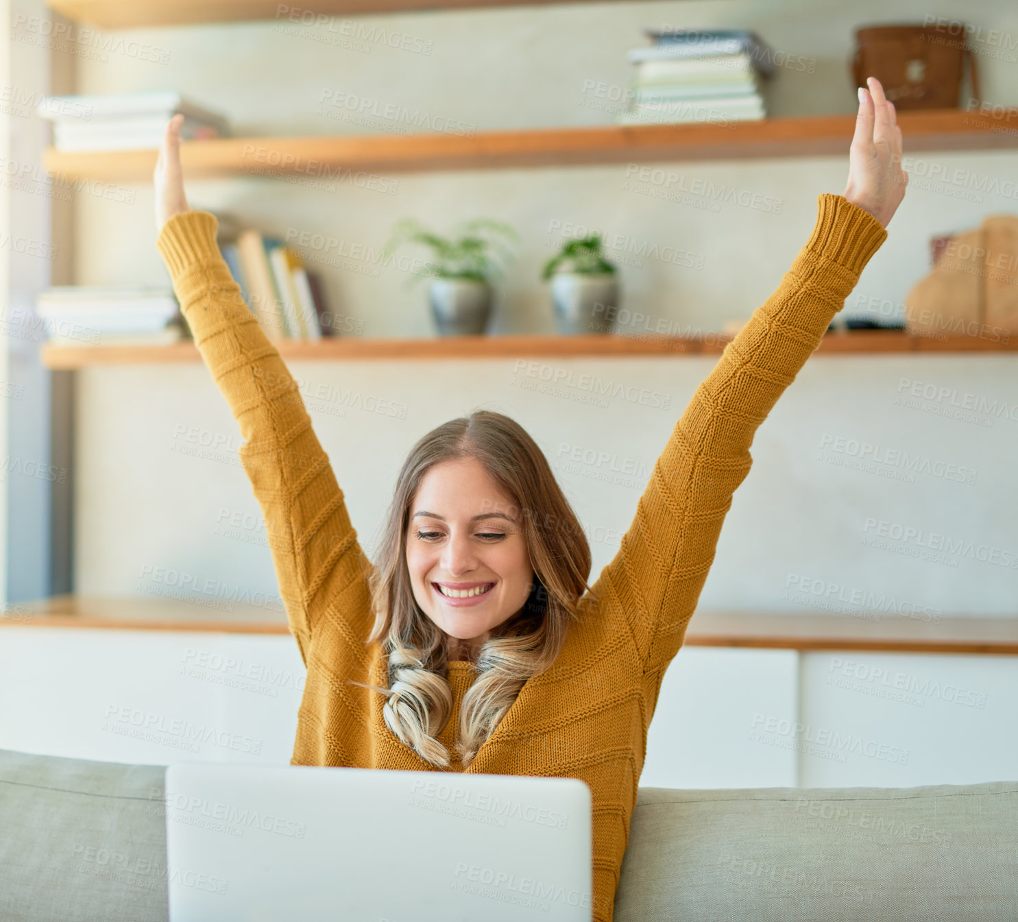Buy stock photo Woman, finished and laptop with smile, celebration and lounge for deadline as freelancer or copywriter. Female person, cheerful and technology for article, story or newsletter as creative for job