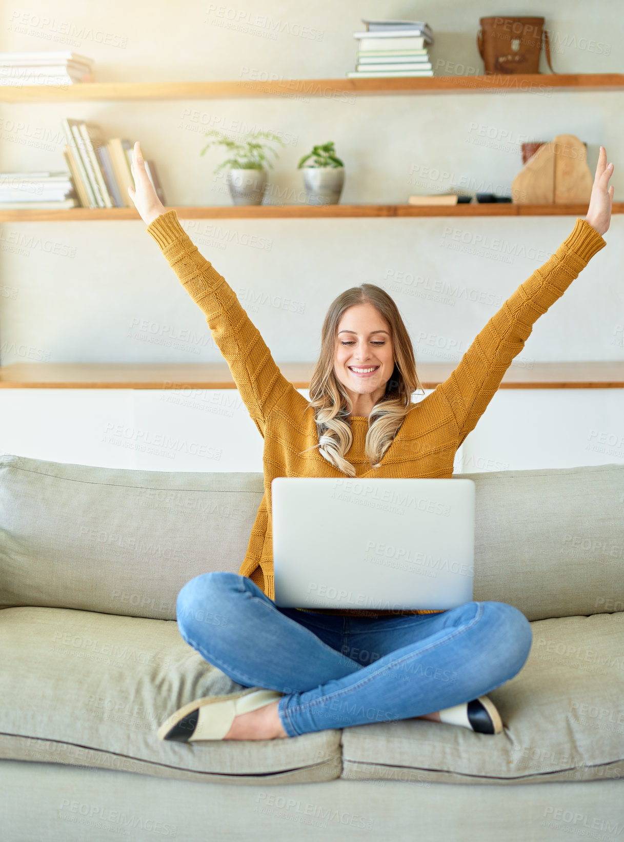 Buy stock photo Woman, work from home and arms up with laptop in smile in lounge for winning as freelancer or web designer. Female person, digital and success on technology as professional, online and creative