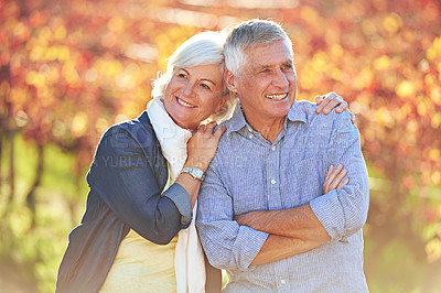 Buy stock photo Senior couple, nature and love with hug, romantic and happy partners. Marriage, vineyard and outside for professional farmers or agriculture, relationship and proud retired man with wife in field