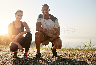 Buy stock photo Outdoor, couple and portrait on break for fitness, exercise and training for marathon challenge. Interracial lovers, man and woman by space for wellness rest, running and bonding together by sunshine