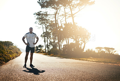 Buy stock photo Road, sunset and black man with portrait for fitness, exercise and ready for marathon challenge. Outdoor, male person and runner with confidence for training, wellness and healthy living with workout